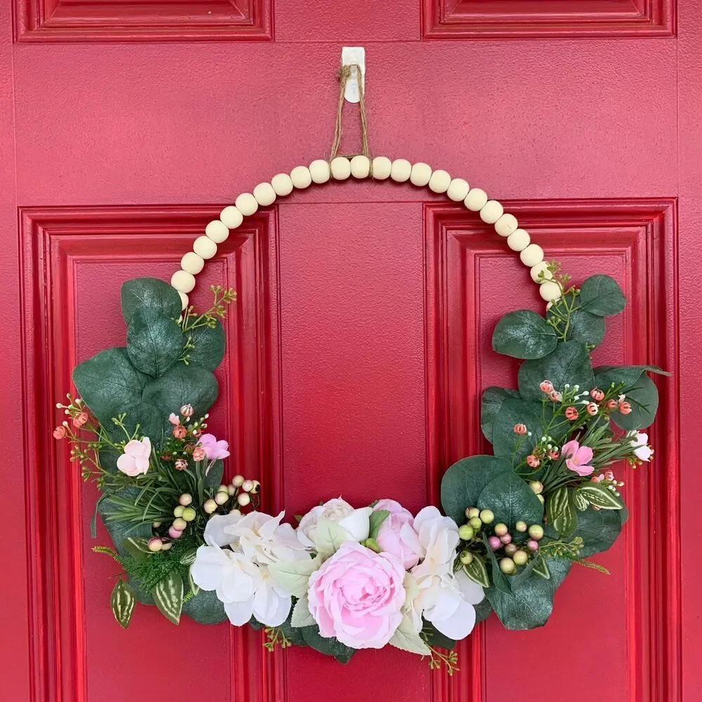 Floral Hoop Wreath: Pink Roses, Eucalyptus, Wood Beads - Boho Farmhouse Decor